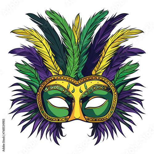 Illustration of a Mardi Gras mask depicted in a cartoon style, adorned with feathers and colored in green, yellow, and purple, available in vector format.
