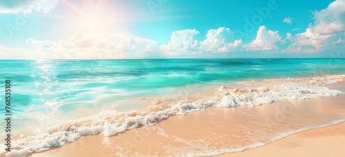 serene beach with crystal clear turquoise water and white sand under the bright blue sky