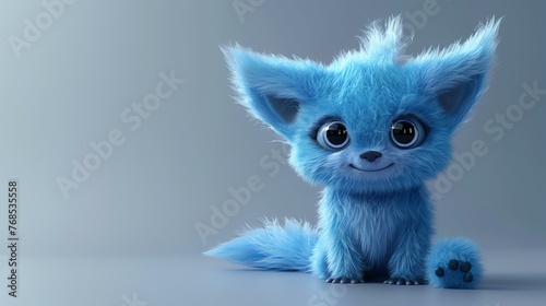 Cute blue creature with big eyes and fluffy fur sitting on a white background.