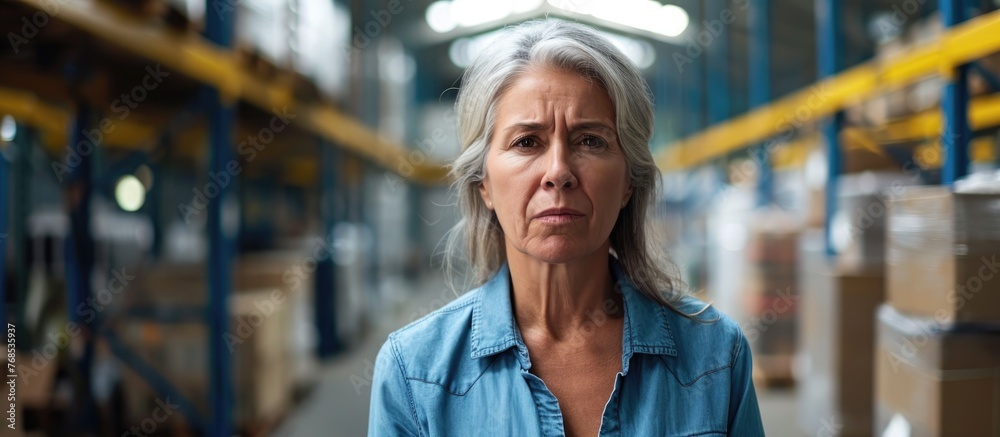 Middle-aged woman with gray hair feeling skeptical and anxious, frowning and upset due to an issue at a warehouse. Pessimistic individual. Middle-aged woman with gray hair feeling skeptical and anxious, frowning and upset due to an issue at a warehouse. Pessimistic individual.