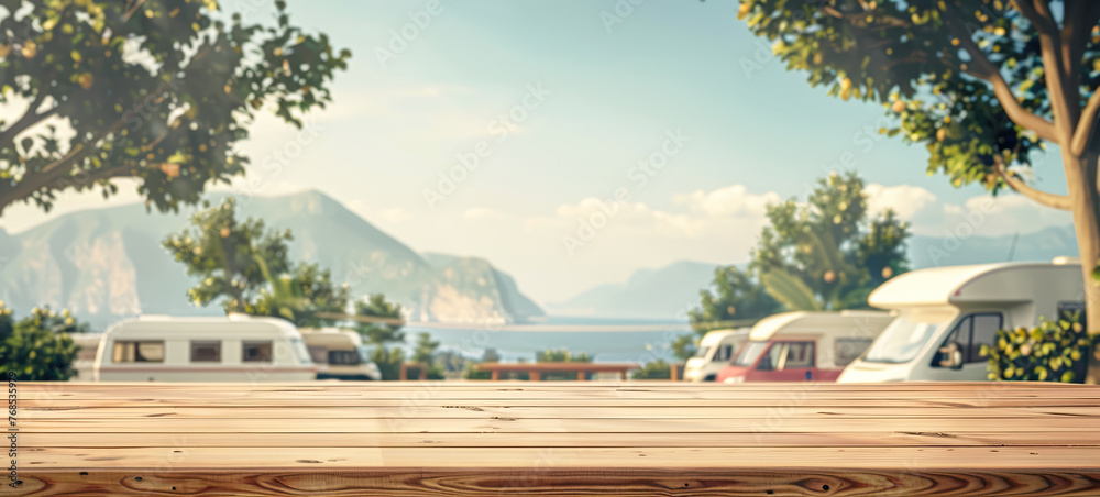 Obraz premium empty tabletop for product display in camper van trailer parking lot with picnic table and mountain water landscape, concept of table top counter podium dais for camping background banner copy space