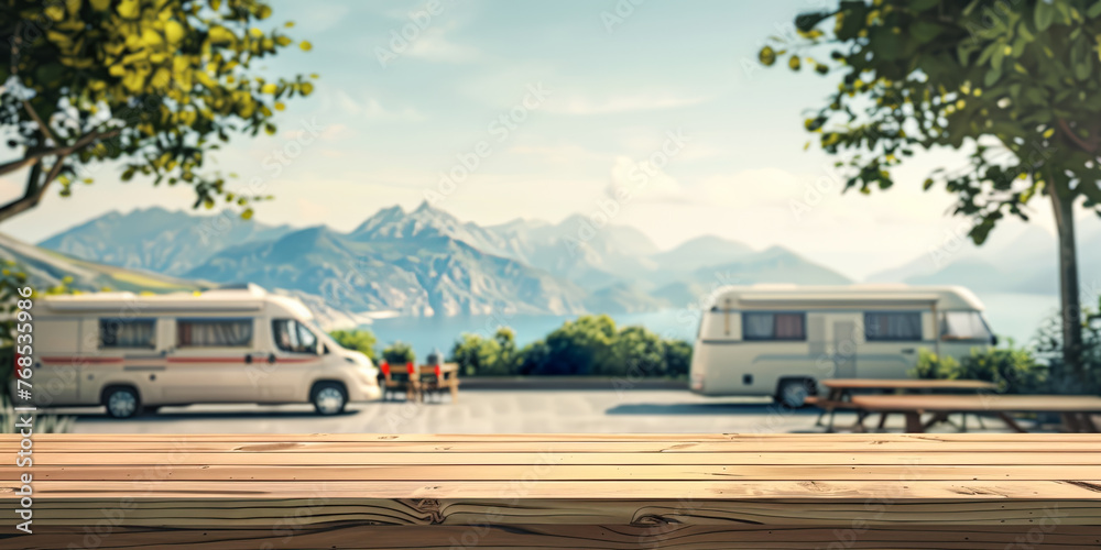 Obraz premium empty wooden tabletop for product display in camper van trailer parking lot with picnic table and beautiful mountain seaside or lake landscape, concept of table top counter podium for camping ad