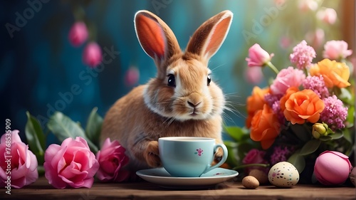 beautiful Easter rabbit with flowers, enjoying a cup of coffee.