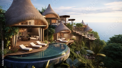 luxury bali villa with sea views, sunbeds and swimming pool. traveling asia, summer vacation