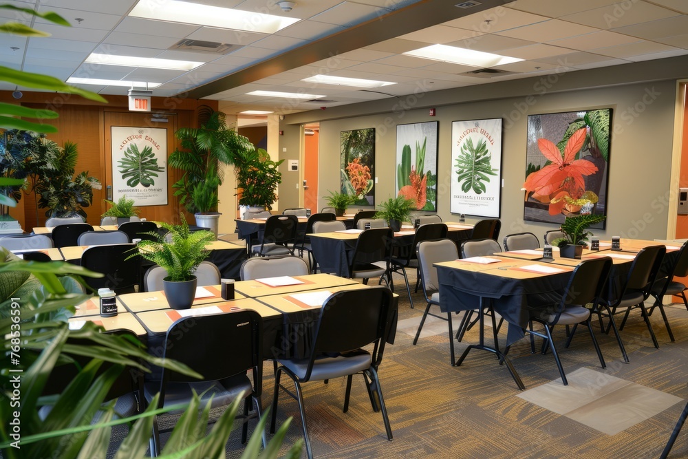 A conference room filled with tables and chairs, accompanied by plants for a touch of greenery