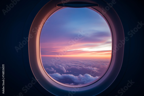 View from Airplane Window of a Breathtaking Sunset Sky, Tranquil Journey above the Clouds, Wanderlust and Air Travel Experience © AspctStyle