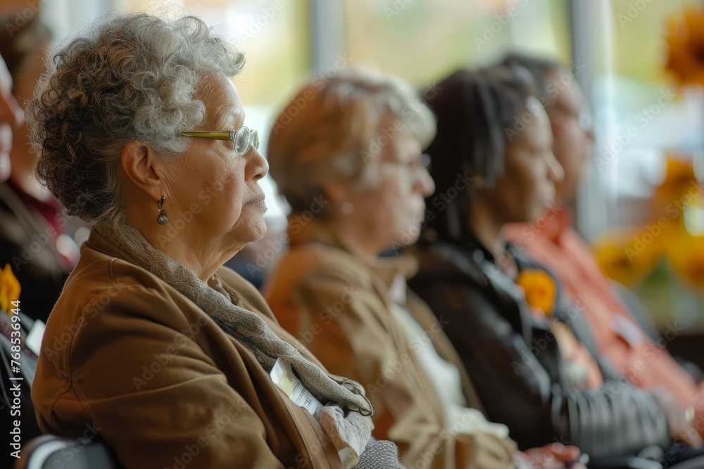 Several elderly women sitting closely together, engaged in conversation or listening to a speaker