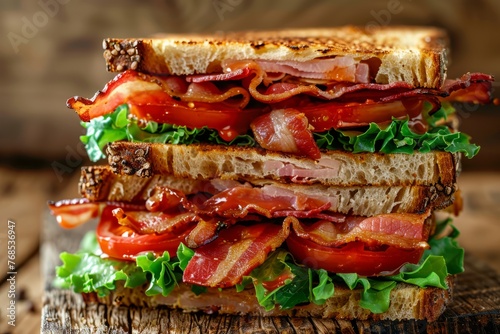 Side view of a freshly made bacon, lettuce, and tomato sandwich displayed on a rustic wooden board