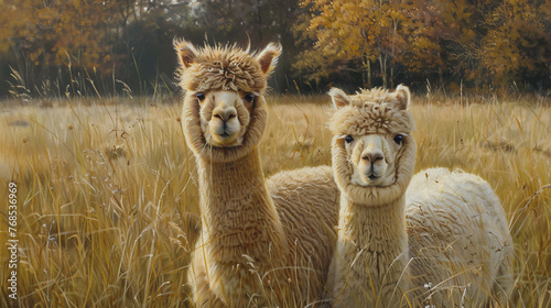 The image captures two alpacas with amusing expressions, standing together in a field of golden autumn foliage