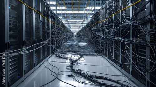 Messy cables in the data center room. Artificial intelligence, server room, database, cloud