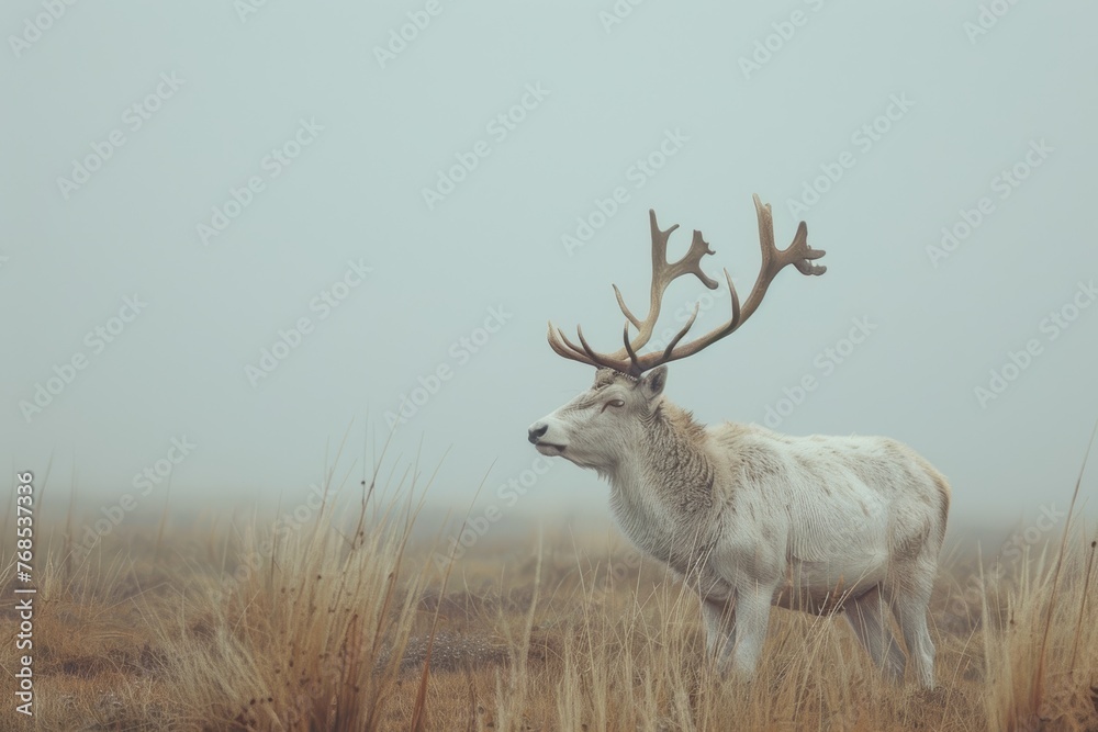 Fototapeta premium White Stag in Foggy Highland Grassland