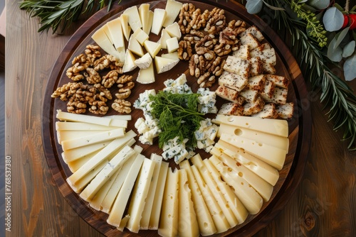 A top-down view of a platter filled with a variety of cheese and nuts displayed on a wooden table