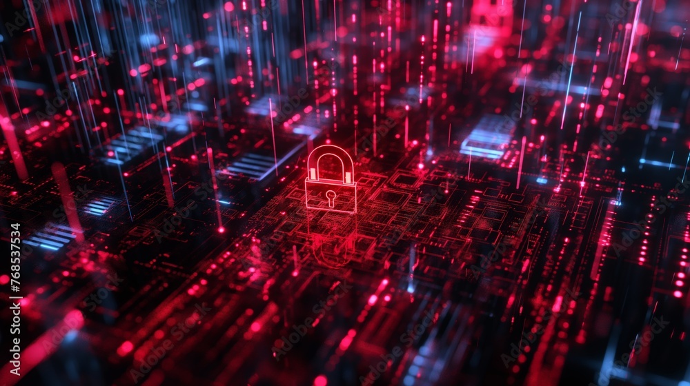 Glowing red padlock symbol on futuristic cyber digital background for cybersecurity concept.