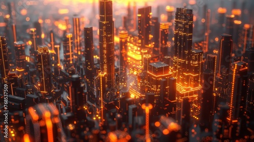 Innovative cityscape with glowing data points and bar graphs represents tech innovation