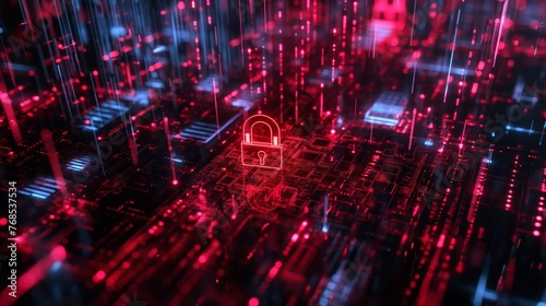Glowing red padlock symbol on futuristic cyber digital background for cybersecurity concept.