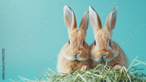 Two adorable rabbits sitting on hay against a turquoise background