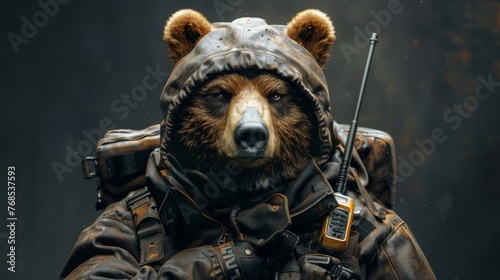 Protective Bear as a Security Guard: A bear in a security uniform, with a walkie-talkie, standing firm against a dark grey background.