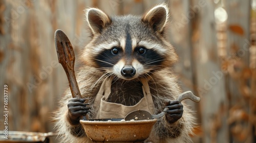 Resourceful Raccoon as a Chef: A raccoon wearing a chef's hat and apron, holding a ladle, against a cream background.