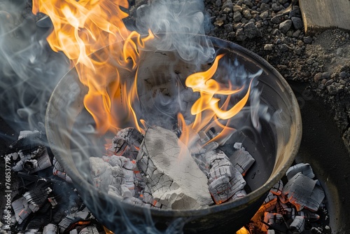 raku firing process with flames and smoke photo