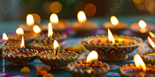 Designer diwali oil lamps glowing on bokeh background