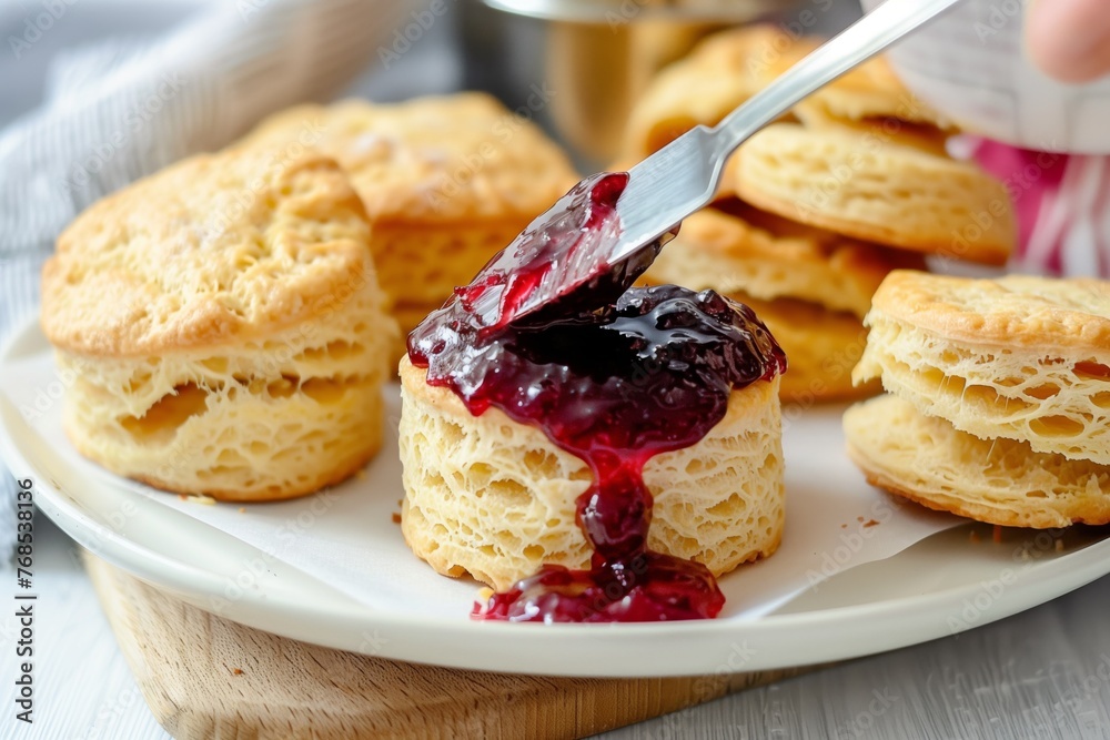 spreading jam on freshly baked scones together spreading jam on freshly baked scones together