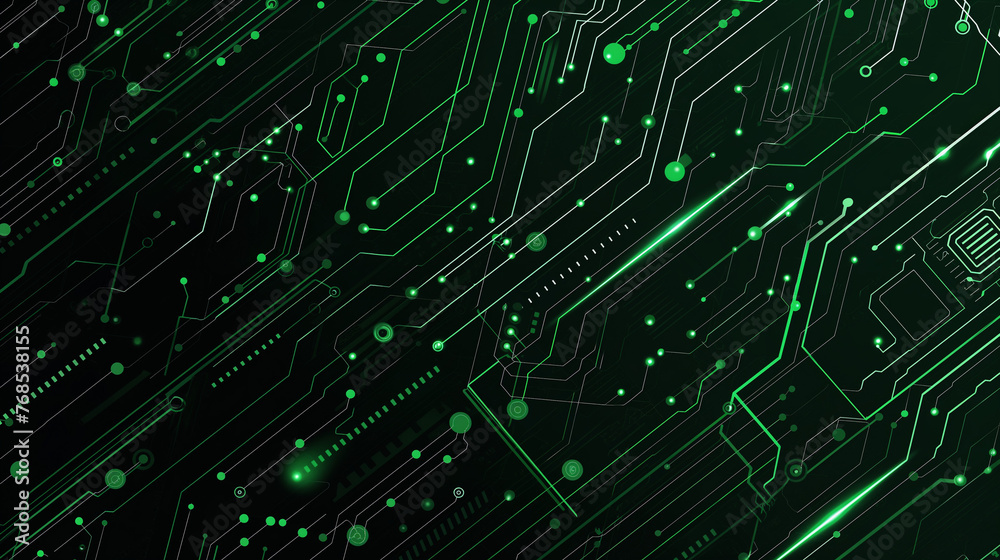 Abstract circuit board pattern on a black background, green lines with sparks and dots