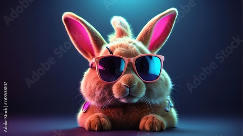 Adorable bunny wearing sunglasses. isolated against a dark backdrop. fluorescent lights. vibrant digital illustration in three dimensions