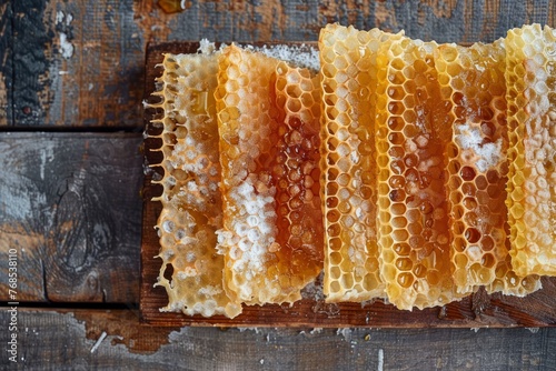 A bunch of honeycombs neatly arranged on a wooden table, ready for use or display