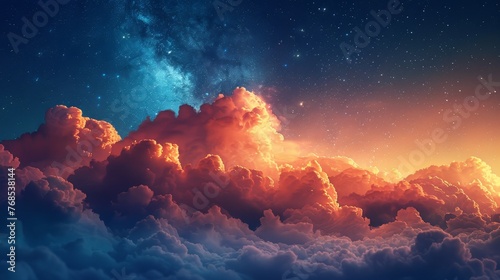 Mystical sky with fluffy, glowing clouds under the stars