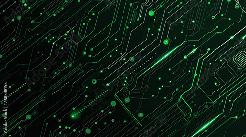 Abstract circuit board pattern on a black background, green lines with sparks and dots