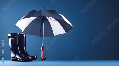 Blue rubber boots and an umbrella on a blue background with copy space