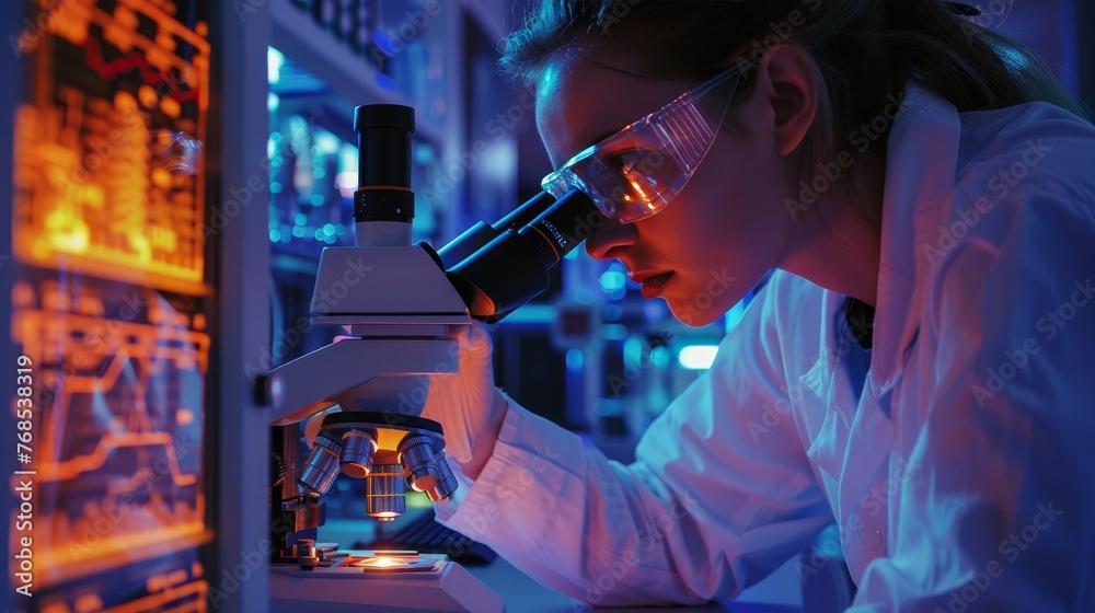 Research: A researcher studying a microscope slide Research: A researcher studying a microscope slide