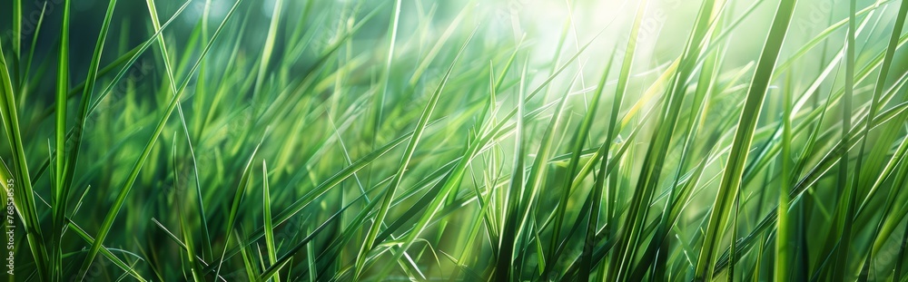 The sun shines on the green grass, with a closeup of tall ears of rice in spring and a panoramic view. Idyllic scene of nature, showcasing harmony between plants and sunlight