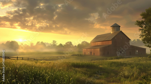 Rustic wooden barn in a lush green field, with a tranquil foggy sunrise creating a picturesque pastoral landscape