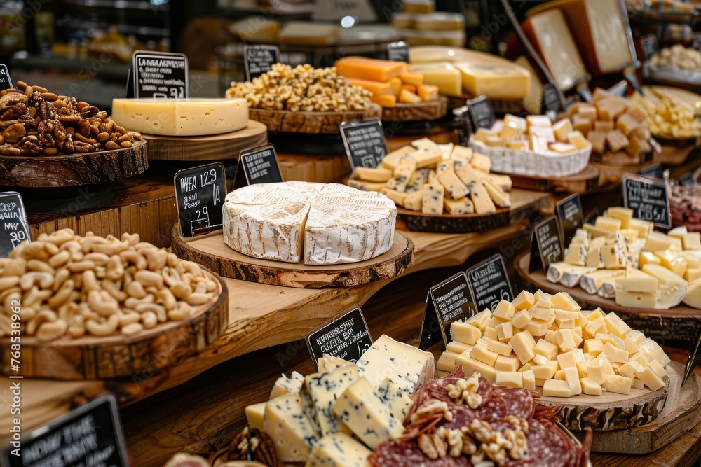 Display of various cheeses and nuts showcased in a wide-angle view
