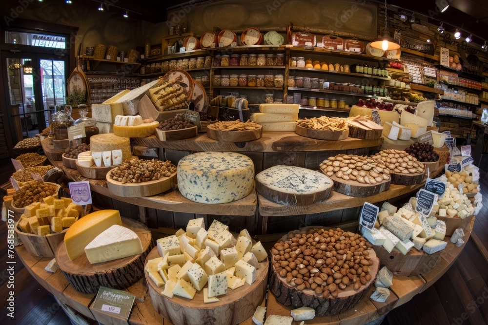 A wide-angle view of a commercial cheese display featuring a variety of cheeses and nuts in a store setting