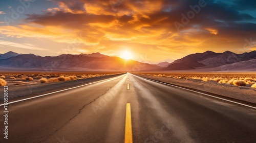 Stunning Sunset on a Desert Highway with Distant Mountains