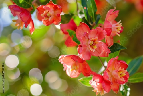 closeup of pomegranate flowers in bloom on farm © studioworkstock
