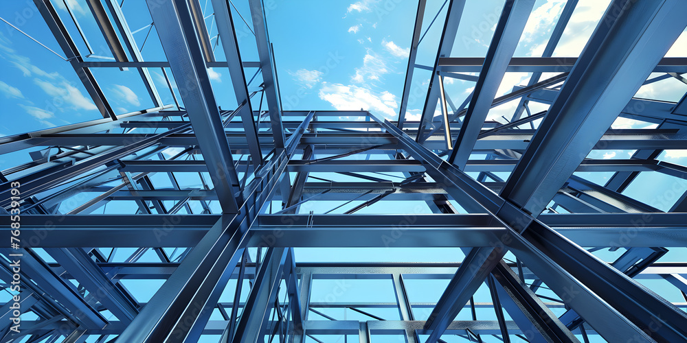 A steel building structure with blue sky behind it, piles/stacks, ornamental structures, precision of lines, sky blue, steel iron frame construction background 