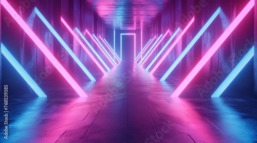 Vibrant neon lights lining a symmetrical pathway leading towards a bright, mysterious doorway.