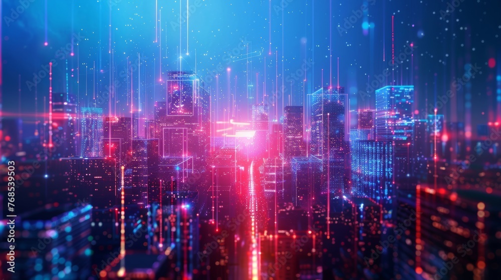 cityscape with space and neon light effect. Modern hi-tech, science, futuristic technology concept. Abstract digital high tech city design for banner background