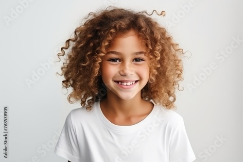 Portrait of a smiling little girl with curly hair against white background © Chacmool