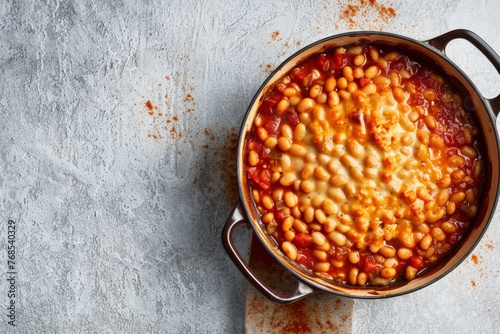 A pot filled with baked beans on a table, showcasing a southern home style aesthetic