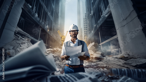 Male builder standing proudly with project plans in hands, white helmet on his head, In the background building place area, building machines. AI Generative.
