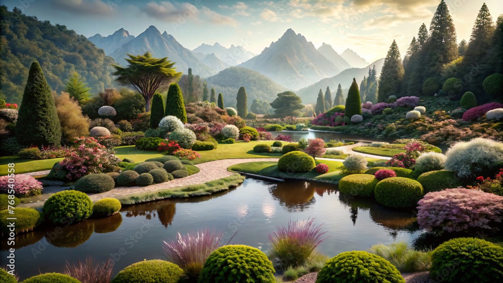 Mountain Sunset Serenity: A picturesque landscape adorned with colorful flowers, nestled by a tranquil river under a radiant sky - obrazy, fototapety, plakaty 
