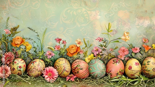 paper scrollwork and easter flowers, fresh Easter theme lots of ornately painted eggs hidden in the grass
