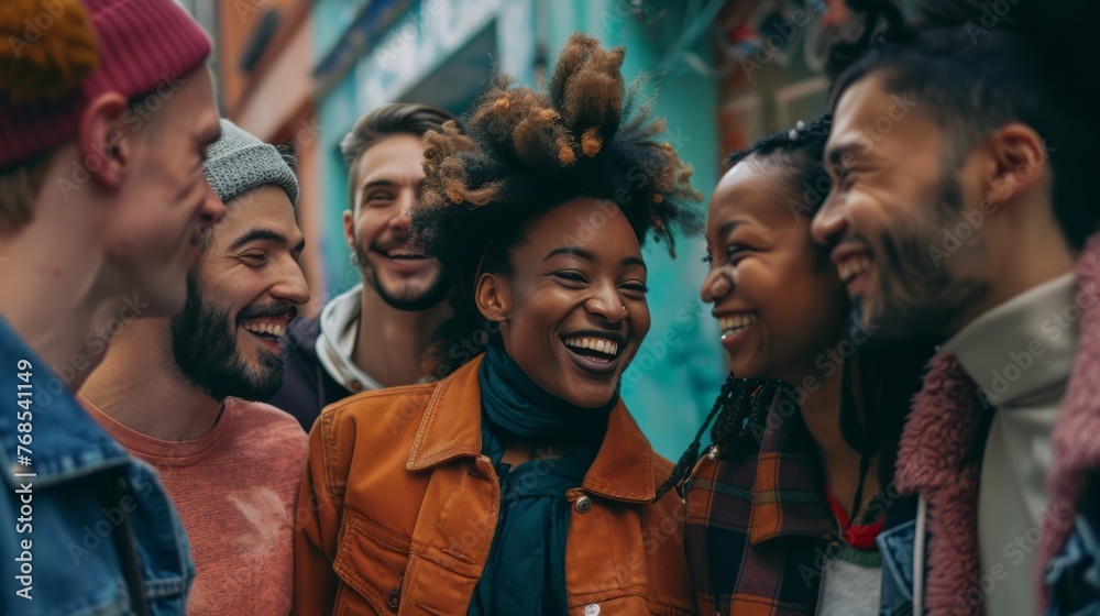 A multicultural group of friends laughing and enjoying each other, diversity and inclusion in the workplace - obrazy, fototapety, plakaty 