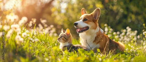 An adorable corgi dog and a tabby cat relax in a sunny spring meadow together