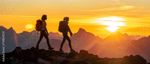 A silhouette of two girls carrying backpacks and traveling in the mountains at sunset. Two individuals walk along the mountain range at sunset.