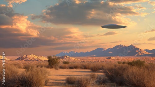A classic flying saucer hovers over a serene desert landscape bathed in the warm glow of sunset. photo